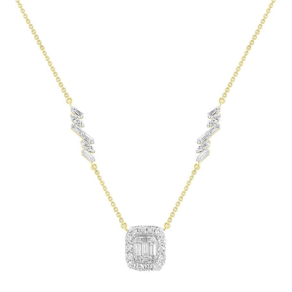 LADIES NECKLACE 1.00CT ROUND/BAGUETTE DIAMOND 14K YELLOW GOLD (SI QUALITY)