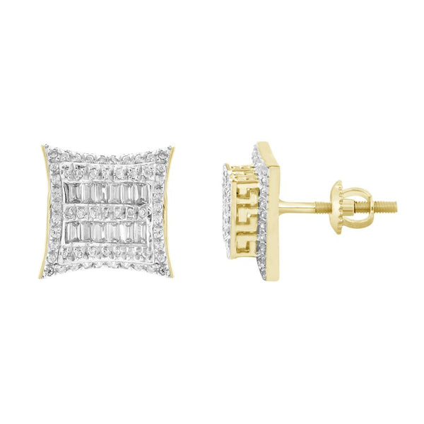 MEN'S STUD EARRINGS 0.50CT ROUND/BAGUETTE DIAMOND 10K YELLOW GOLD