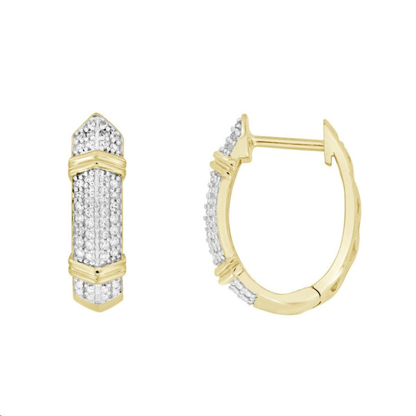 LADIES HOOPS EARRINGS 0.16CT ROUND DIAMOND 10K YELLOW GOLD