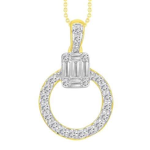 LADIES PENDANT WITH CHAIN 0.25CT ROUND/BAGUETTE DIAMOND 14K YELLOW GOLD