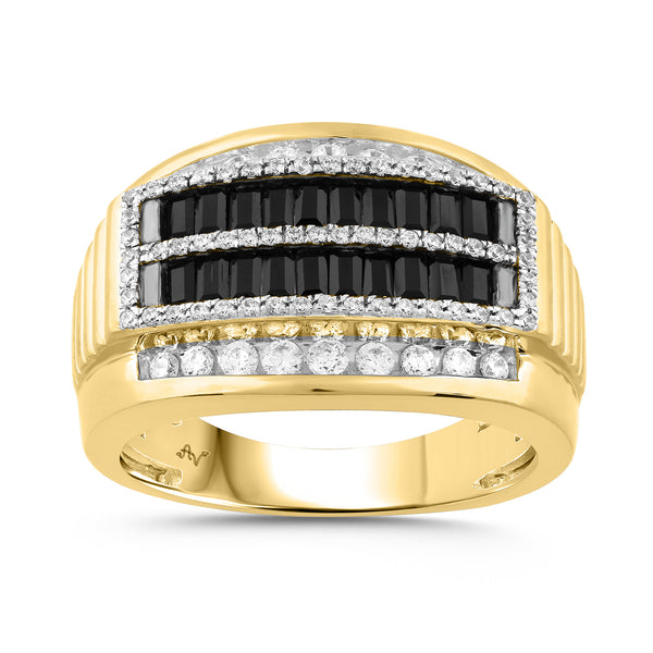 MEN'S RING 1.50CT ROUND/BLACK BAGUETTE DIAMOND 10K YELLOW GOLD