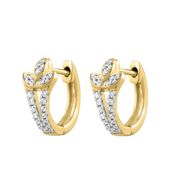 LADIES HOOPS EARRING 0.16CT ROUND DIAMOND 10K YELLOW GOLD