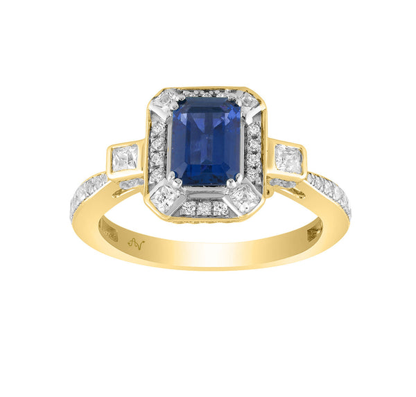 LADIES RING 1.50CT ROUND/PRINCESS/BLUE SAPPHIRE EMERALD DIAMOND 14K YELLOW GOLD (CENTER STONE 1.00CT BLUE SAPPHIRE EMERALD DIAMOND)